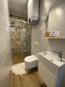 a bathroom with a shower and a toilet and a sink at Holiday house Aria di Mare in Starigrad-Paklenica