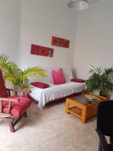 サンタ・クルス・デ・ラ・パルマにあるApartamento Janのリビングルーム(赤い枕と白いソファ付)