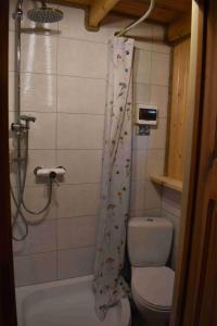 a bathroom with a shower curtain and a toilet at Ogród Shinrin Yoku Odpoczynek w Lesie in Srokowo