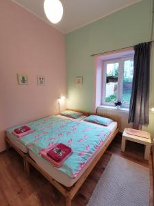 ein Schlafzimmer mit einem großen Bett in einem Zimmer mit einem Fenster in der Unterkunft Ubytování Inka in Znojmo