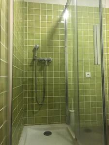 a green tiled shower with a glass door at Casa do Eido dos Calhões in Ponte de Lima