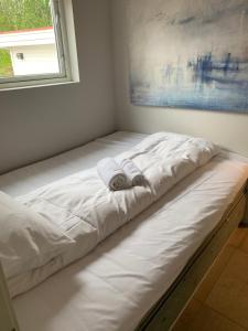 特羅姆瑟的住宿－Håkøyveien 151, Tromsø，一张白色的床,坐在一个窗户的房间