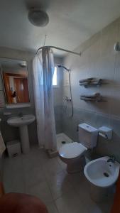 ein Bad mit einem WC, einem Waschbecken und einer Dusche in der Unterkunft Benidorm San Remo Tower Apartment in Benidorm