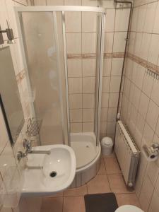 a bathroom with a shower and a sink and a toilet at Domek wypoczynkowy Szczyrk Centrum - Twój Domek in Szczyrk