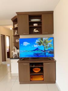 a flat screen tv in a wooden entertainment center at IDEAL ESPECIAL FAMILIAR in Cochabamba