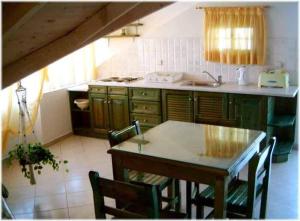 uma cozinha com uma mesa, um lavatório e um balcão em LEMON GARDEN em Vasilikos
