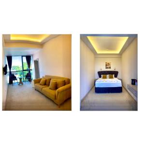 two pictures of a bedroom with a bed and a couch at Platinium Residence Mangalia in Mangalia