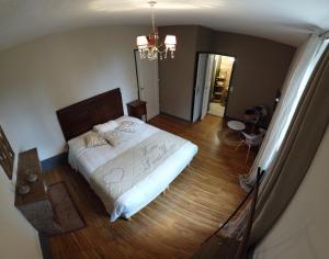 1 dormitorio con cama y lámpara de araña en Le Cèdre Bleu - Maison d'hôtes, 