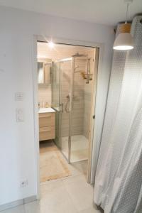 La salle de bains est pourvue d'une douche et d'une douche vitrée. dans l'établissement Maison 3ch 65m2 en bord de mer, à Banyuls-sur-Mer