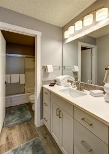een badkamer met een wastafel, een toilet en een spiegel bij Giant Steps 53 Ski In-out in Brian Head