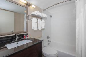 y baño con lavabo, aseo y ducha. en Days Inn by Wyndham Plattsburgh, en Plattsburgh