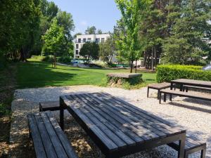 a picnic table and two benches in a park at 365 apartmány LINEA in Piešťany