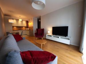 uma sala de estar com um sofá e uma televisão de ecrã plano em Bastion Apartment Gdansk City Center em Gdansk