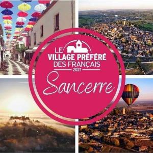 a collage of photos of a village with a hot air balloon at LE LOGIS ST PERE in Sancerre