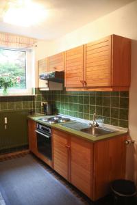 a kitchen with wooden cabinets and a sink at Apartment Centrum im Grünen in Nürnberg