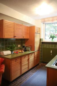 a kitchen with wooden cabinets and a window at Apartment Centrum im Grünen in Nuremberg