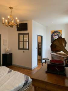sala de estar con cama y lámpara de araña en CHAMBRE BALCON, en Pons