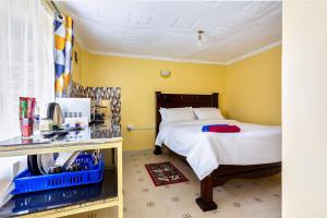 1 dormitorio con 1 cama y escritorio con ordenador en East of Eden en Nairobi