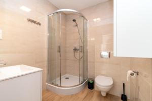 a bathroom with a shower and a toilet and a sink at Apartament Perła in Ustka