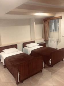 a hotel room with two beds and a window at Guesthouse Raisa in Kvareli