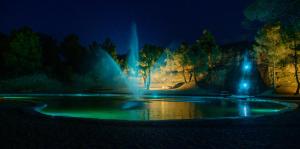 a fountain in a pond at night at Hotel La Parada del Compte in Torre del Compte