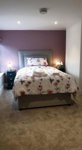 a bedroom with a bed with a purple wall at Argyll House Bed and Breakfast in Westleton