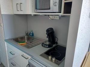 a small kitchen with a sink and a microwave at Résidence cambielh in Aragnouet