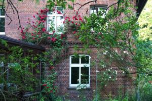 a brick building with two windows and flowers on it at Ferienhof Möltgen in Bosau +8 photos