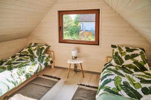 two beds in a small room with a window at Widokówka in Pokrzydowo