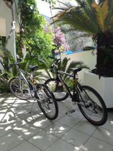 dos bicicletas estacionadas una junto a la otra en un patio en Apartments Becici, en Budva