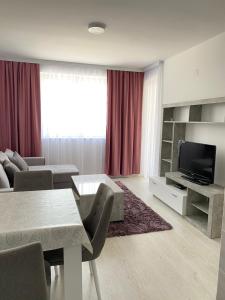 ein Wohnzimmer mit einem Sofa, einem TV und einem Tisch in der Unterkunft Holiday Apartment in Sokobanja