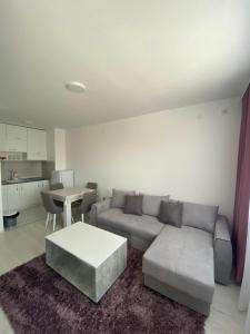 ein Wohnzimmer mit einem Sofa und einem Tisch in der Unterkunft Holiday Apartment in Sokobanja