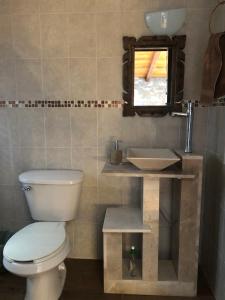 a bathroom with a toilet and a sink at Cabaña La Lomita in Mazamitla +32 photos