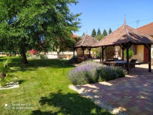 einen Garten mit einem Picknicktisch und einem Pavillon in der Unterkunft Spengler Apartman in Harkány