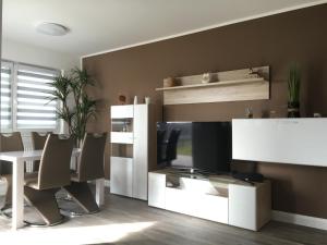 a living room with a television and a table and chairs at Ferienwohnungen am Feldrain - Gornau im Erzgebirge in Zschopau