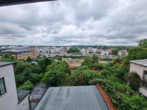 Blick auf eine Stadt vom Dach eines Gebäudes in der Unterkunft Nikolai Appartements in Rostock