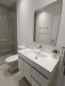 y baño con lavabo, aseo y espejo. en Pateo 780, en Vila Nova de Gaia