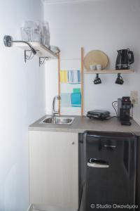 uma pequena cozinha com um lavatório e uma máquina de lavar louça em Studio Gerani 1 em Porto Heli