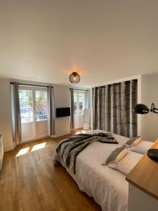 a bedroom with a large bed and a large window at CHARNER centre gare 2 chambres 100m2 parking in Saint-Brieuc