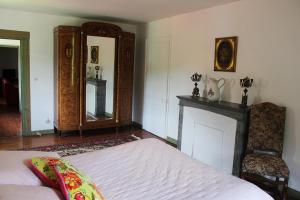 a bedroom with a bed and a fireplace and a mirror at Domaine De Syam - Gîtes, Chambres d'hôtes & Cabanes in Syam