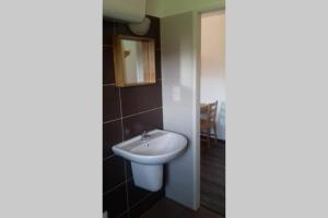 a bathroom with a white sink and a mirror at Nová pec centrum.apart. in Nová Pec