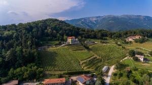 an aerial view of a farm with mountains in the background at Polisena L'Altro Agriturismo Veg in Pontida