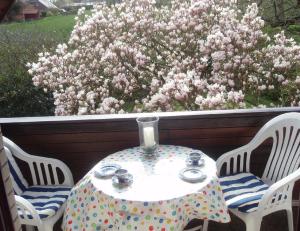 UlsnisにあるFerienwohnung-Gottorfのテーブルと椅子2脚(花瓶付)