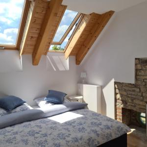 a bedroom with a bed and two windows at Pension Sodomkův statek Czap in Skuteč