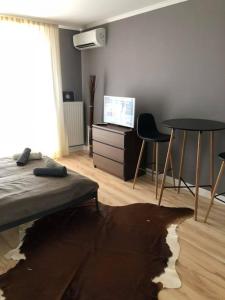 a room with a bed and a table and chairs at Lotus Apartman in Gyula