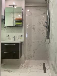 a bathroom with a shower and a sink and a mirror at Villa Piran luxury apartments in Piran