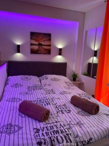 a bedroom with a large bed with two pillows on it at Villa Piran luxury apartments in Piran