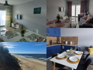 a collage of photos of a living room and a beach at Apartamenty z tarasami "Miętowy spokój 15" "Romantyczna szarość 16" "Niebieska elegancja 17" maksymalnie dla 6 osób in Pobierowo