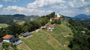 uma pequena aldeia numa colina com uma igreja em Vineyard Paradise Senica em Dramlje
