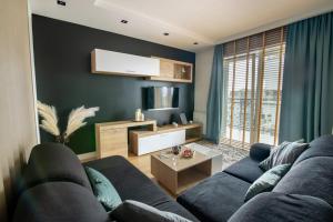 ジェシュフにあるVIP Apartamentの青いソファとテレビのあるリビングルーム